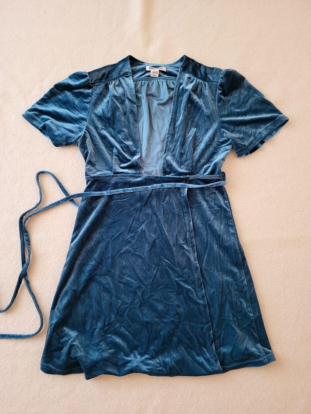 Y2K Billabong Dress Teal Blue Velvet Tied Wrap Mini Size Small Short Sleeve